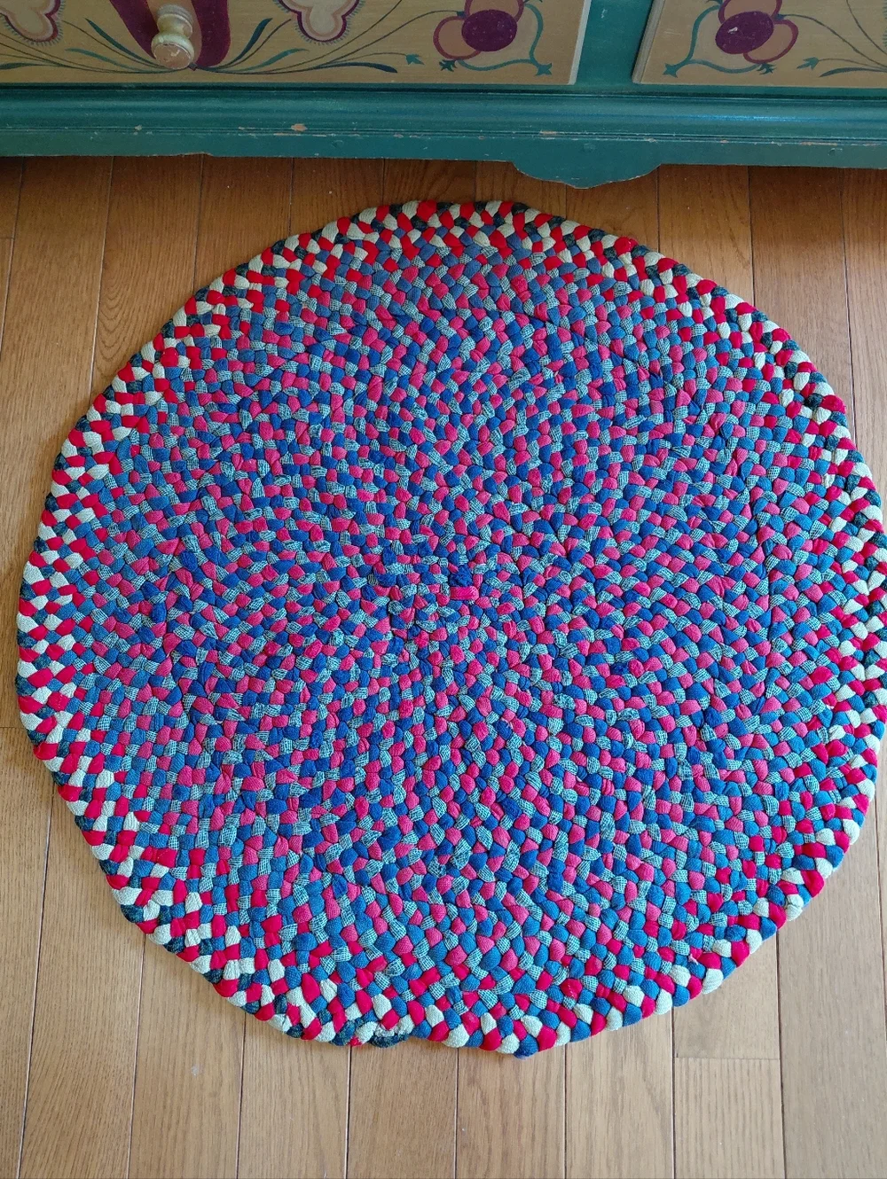 Antique pre 1920s family owned handmade round red & blue braided rag rug - 29